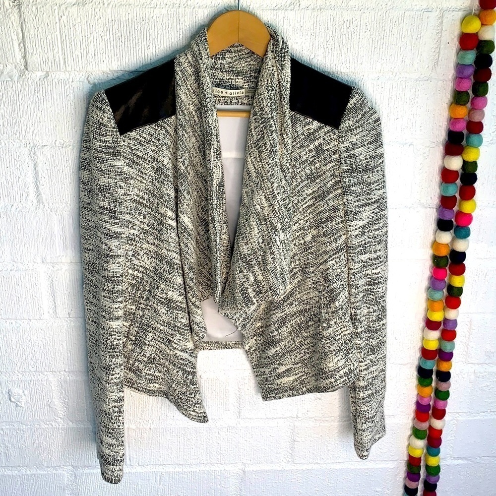 Alice & Olivia Lamb Leather Cap Waterfall Tweed Moto Zip Sleeve Jacket sz 0